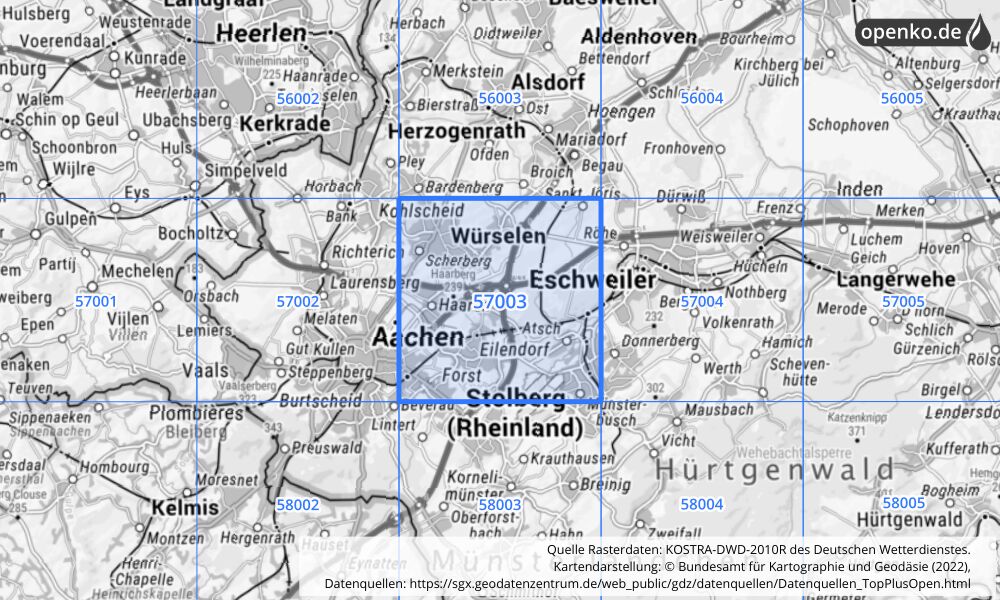 Übersichtskarte KOSTRA-DWD-2010R Rasterfeld Nr. 57003 mit angrenzenden Feldern