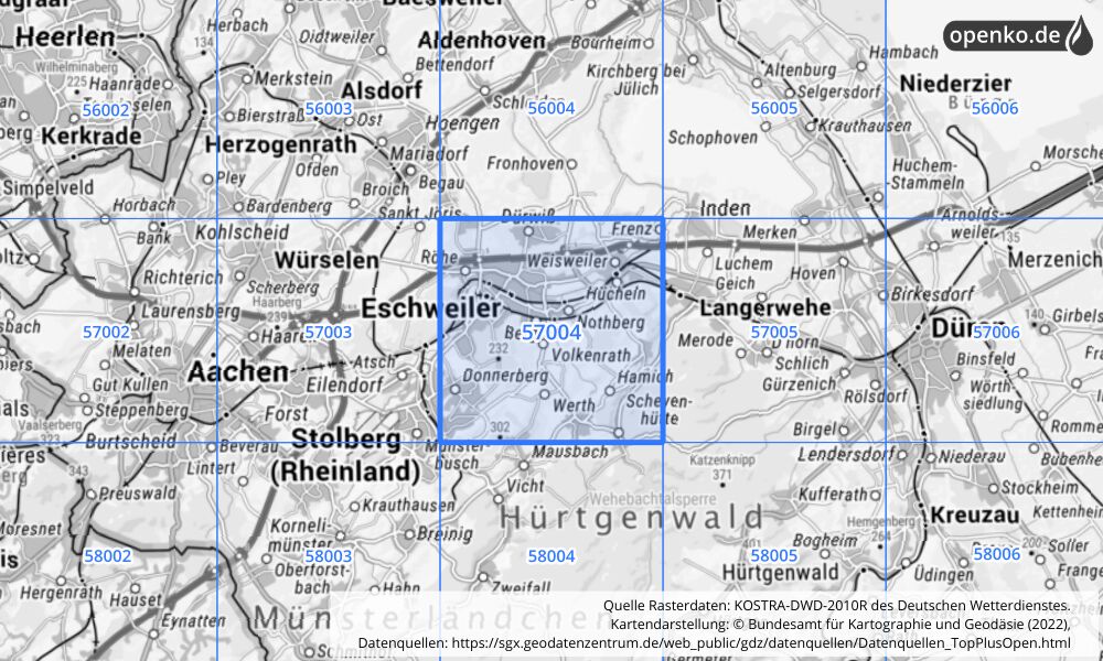 Übersichtskarte KOSTRA-DWD-2010R Rasterfeld Nr. 57004 mit angrenzenden Feldern