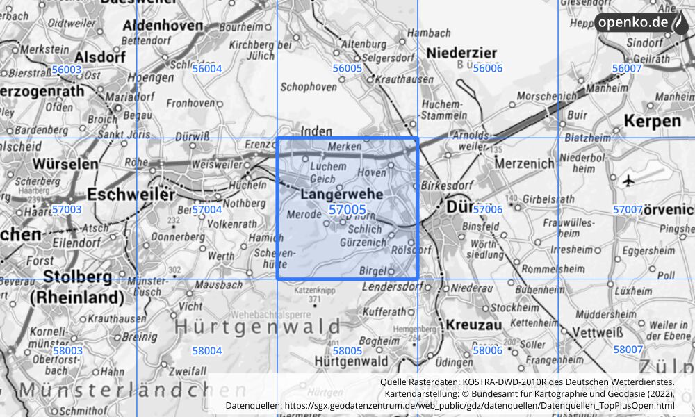 Übersichtskarte KOSTRA-DWD-2010R Rasterfeld Nr. 57005 mit angrenzenden Feldern