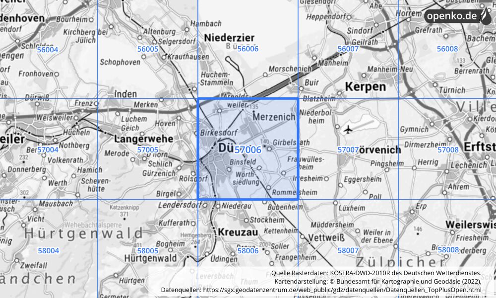 Übersichtskarte KOSTRA-DWD-2010R Rasterfeld Nr. 57006 mit angrenzenden Feldern