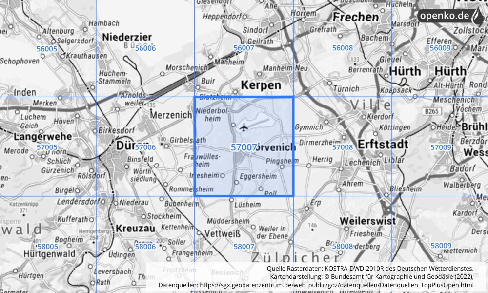 Übersichtskarte KOSTRA-DWD-2010R Rasterfeld Nr. 57007 mit angrenzenden Feldern