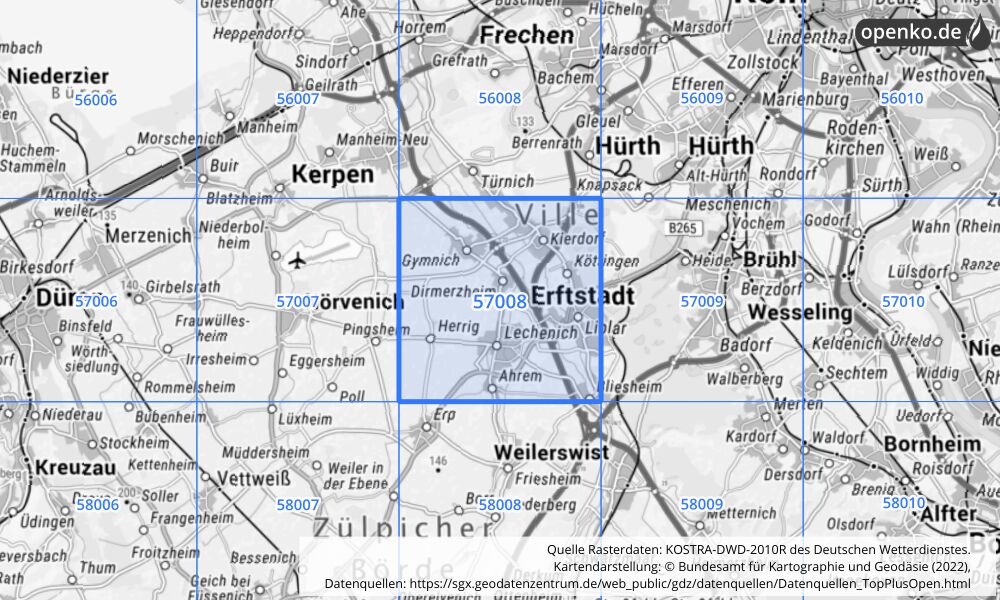 Übersichtskarte KOSTRA-DWD-2010R Rasterfeld Nr. 57008 mit angrenzenden Feldern