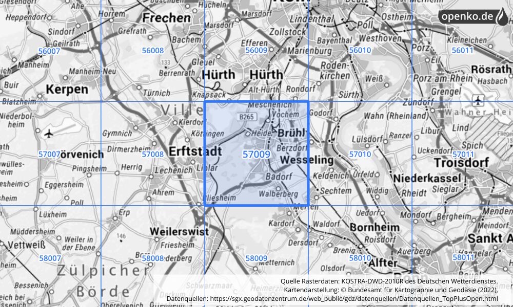 Übersichtskarte KOSTRA-DWD-2010R Rasterfeld Nr. 57009 mit angrenzenden Feldern