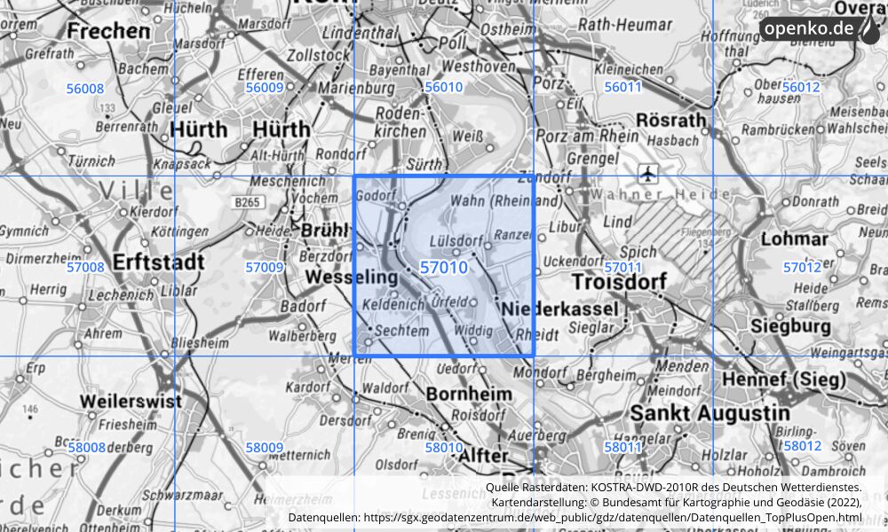 Übersichtskarte KOSTRA-DWD-2010R Rasterfeld Nr. 57010 mit angrenzenden Feldern