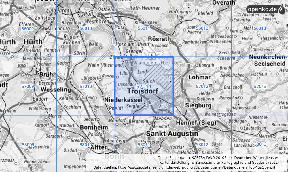 Übersichtskarte KOSTRA-DWD-2010R Rasterfeld Nr. 57011 mit angrenzenden Feldern