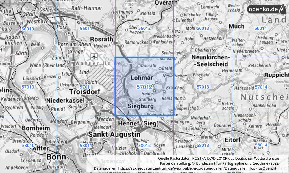 Übersichtskarte KOSTRA-DWD-2010R Rasterfeld Nr. 57012 mit angrenzenden Feldern