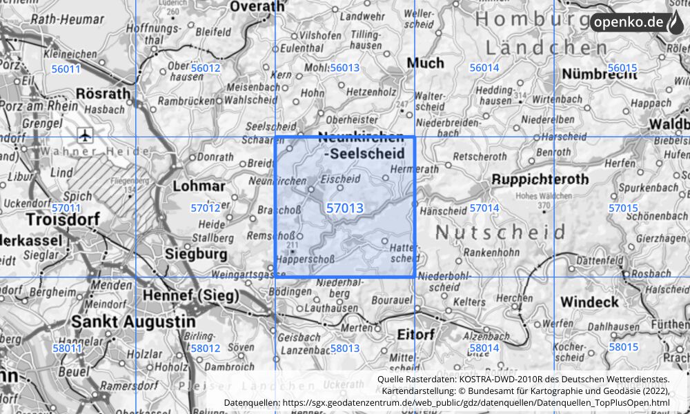 Übersichtskarte KOSTRA-DWD-2010R Rasterfeld Nr. 57013 mit angrenzenden Feldern