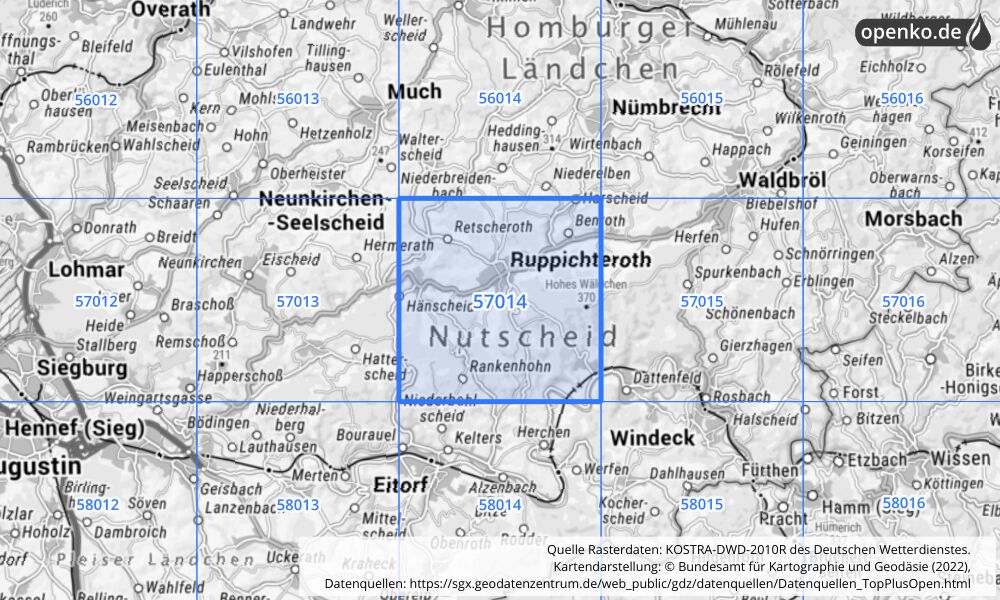 Übersichtskarte KOSTRA-DWD-2010R Rasterfeld Nr. 57014 mit angrenzenden Feldern