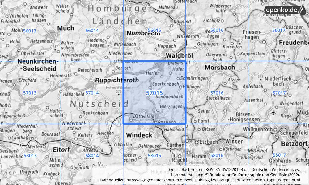 Übersichtskarte KOSTRA-DWD-2010R Rasterfeld Nr. 57015 mit angrenzenden Feldern