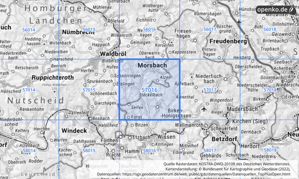 Übersichtskarte KOSTRA-DWD-2010R Rasterfeld Nr. 57016 mit angrenzenden Feldern