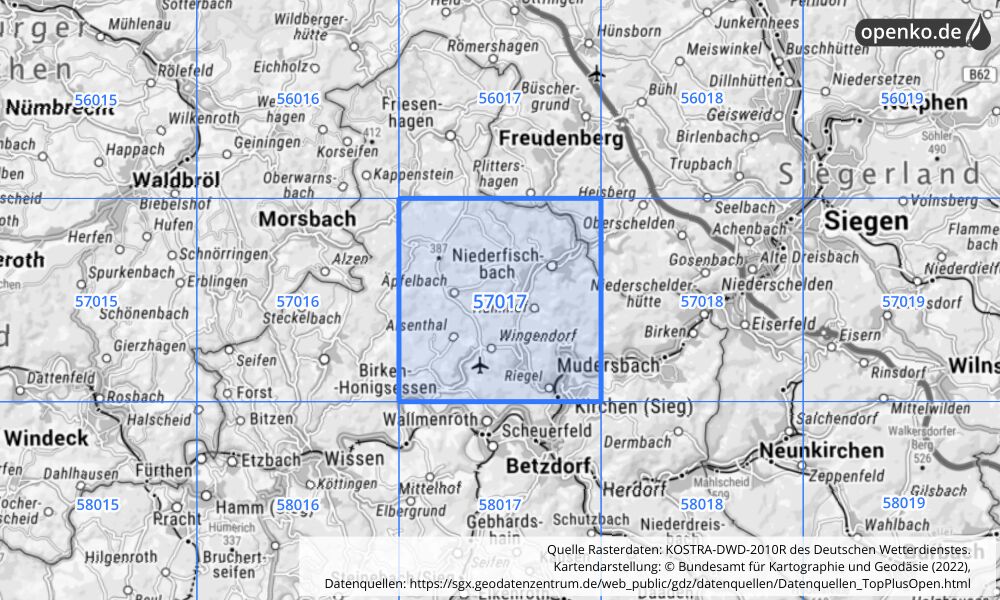 Übersichtskarte KOSTRA-DWD-2010R Rasterfeld Nr. 57017 mit angrenzenden Feldern