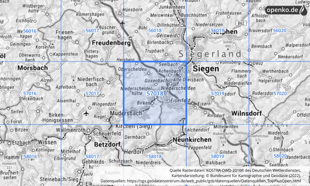 Übersichtskarte KOSTRA-DWD-2010R Rasterfeld Nr. 57018 mit angrenzenden Feldern