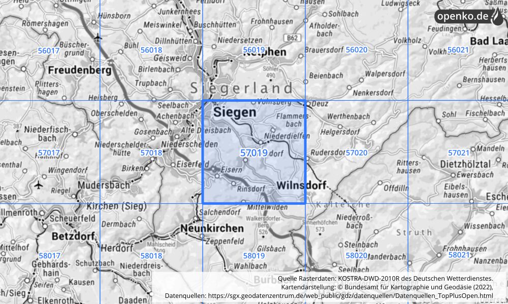 Übersichtskarte KOSTRA-DWD-2010R Rasterfeld Nr. 57019 mit angrenzenden Feldern