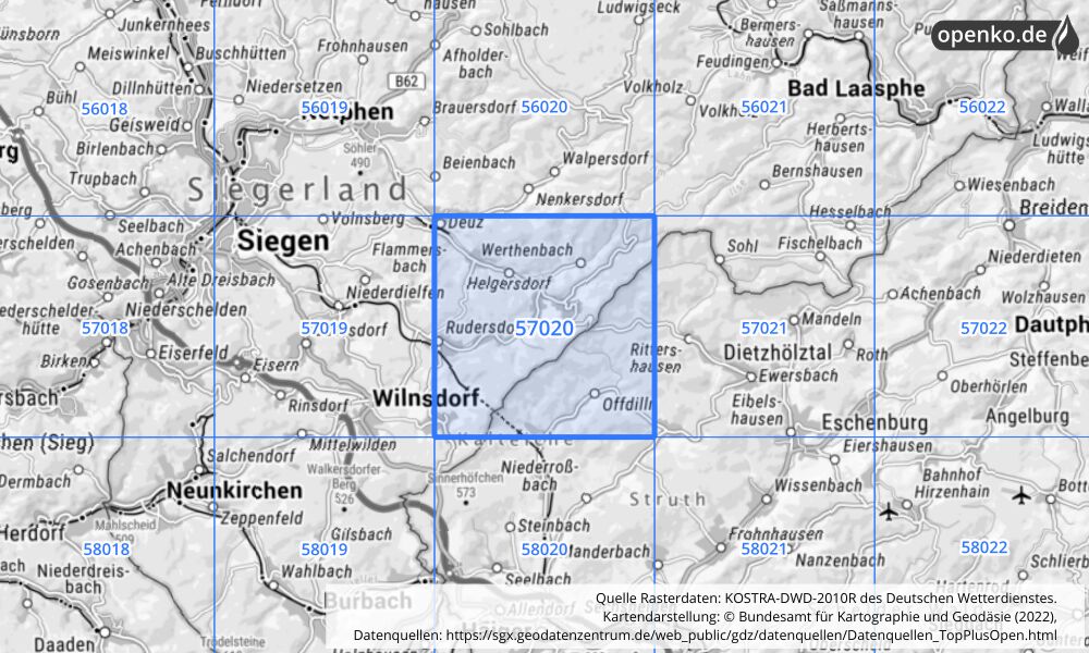 Übersichtskarte KOSTRA-DWD-2010R Rasterfeld Nr. 57020 mit angrenzenden Feldern