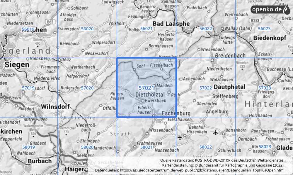 Übersichtskarte KOSTRA-DWD-2010R Rasterfeld Nr. 57021 mit angrenzenden Feldern