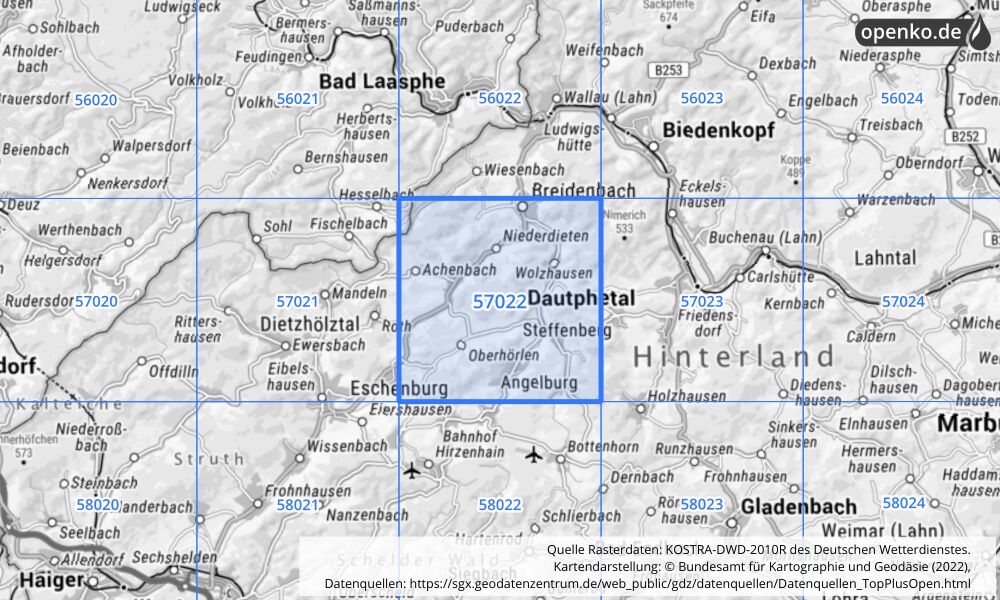 Übersichtskarte KOSTRA-DWD-2010R Rasterfeld Nr. 57022 mit angrenzenden Feldern