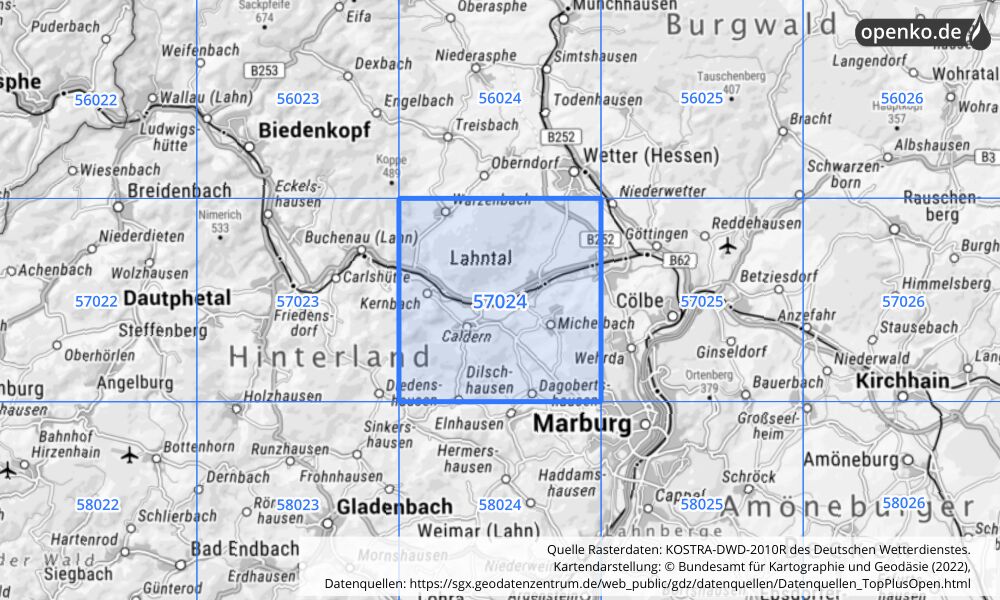 Übersichtskarte KOSTRA-DWD-2010R Rasterfeld Nr. 57024 mit angrenzenden Feldern