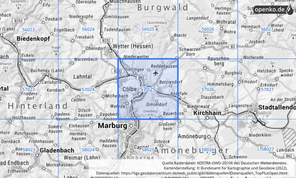 Übersichtskarte KOSTRA-DWD-2010R Rasterfeld Nr. 57025 mit angrenzenden Feldern