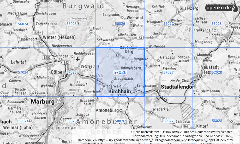 Übersichtskarte KOSTRA-DWD-2010R Rasterfeld Nr. 57026 mit angrenzenden Feldern