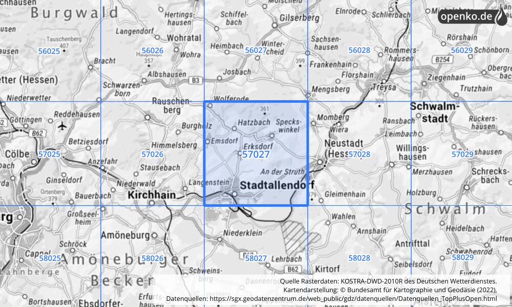 Übersichtskarte KOSTRA-DWD-2010R Rasterfeld Nr. 57027 mit angrenzenden Feldern