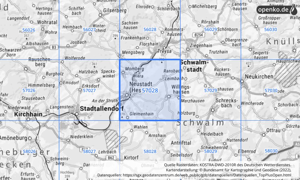 Übersichtskarte KOSTRA-DWD-2010R Rasterfeld Nr. 57028 mit angrenzenden Feldern