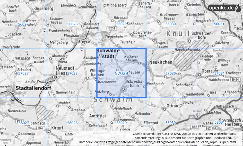 Übersichtskarte KOSTRA-DWD-2010R Rasterfeld Nr. 57029 mit angrenzenden Feldern