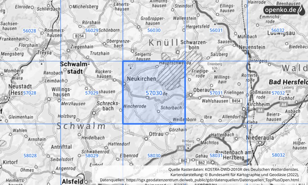 Übersichtskarte KOSTRA-DWD-2010R Rasterfeld Nr. 57030 mit angrenzenden Feldern