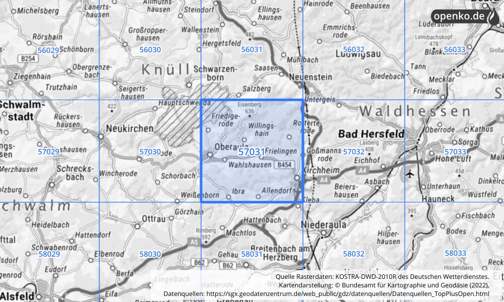 Übersichtskarte KOSTRA-DWD-2010R Rasterfeld Nr. 57031 mit angrenzenden Feldern