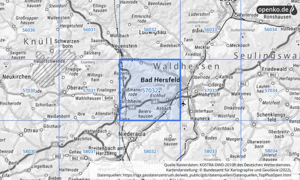 Übersichtskarte KOSTRA-DWD-2010R Rasterfeld Nr. 57032 mit angrenzenden Feldern