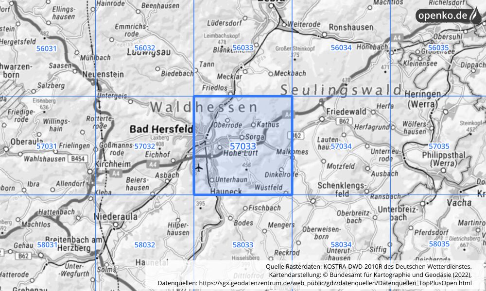 Übersichtskarte KOSTRA-DWD-2010R Rasterfeld Nr. 57033 mit angrenzenden Feldern