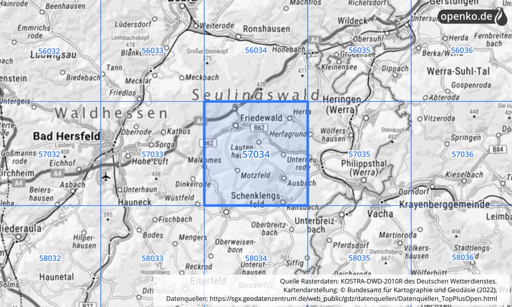 Übersichtskarte KOSTRA-DWD-2010R Rasterfeld Nr. 57034 mit angrenzenden Feldern