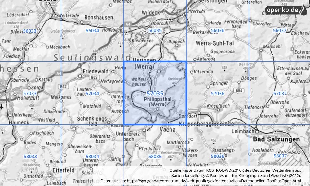 Übersichtskarte KOSTRA-DWD-2010R Rasterfeld Nr. 57035 mit angrenzenden Feldern