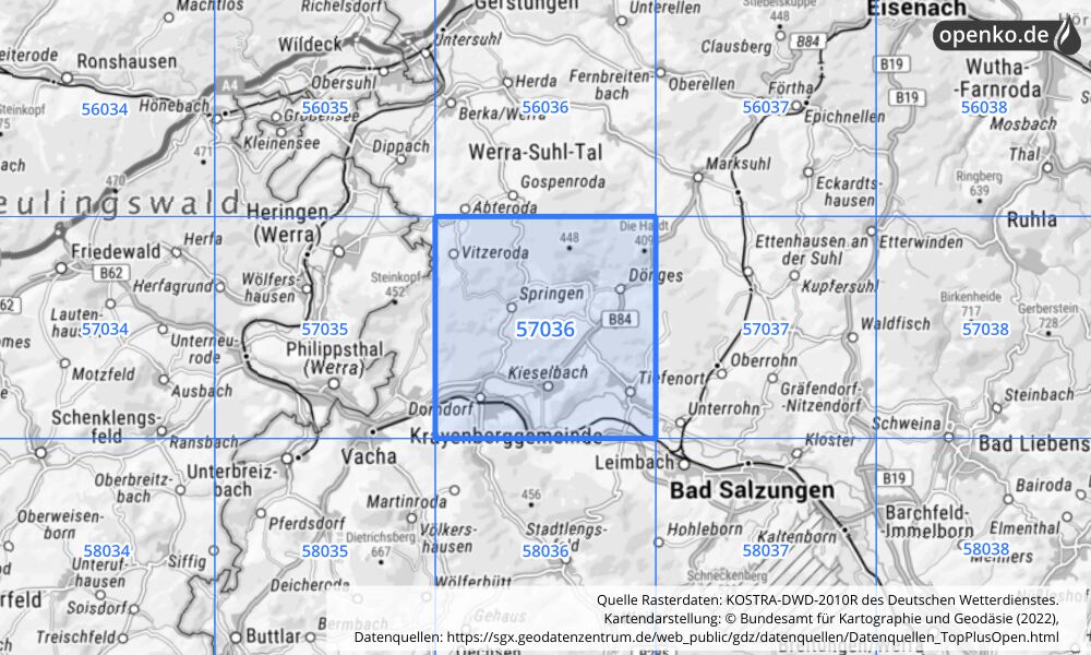 Übersichtskarte KOSTRA-DWD-2010R Rasterfeld Nr. 57036 mit angrenzenden Feldern