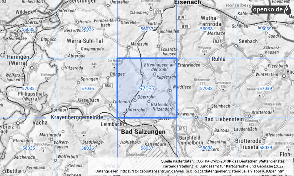 Übersichtskarte KOSTRA-DWD-2010R Rasterfeld Nr. 57037 mit angrenzenden Feldern