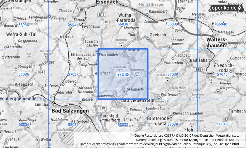 Übersichtskarte KOSTRA-DWD-2010R Rasterfeld Nr. 57038 mit angrenzenden Feldern