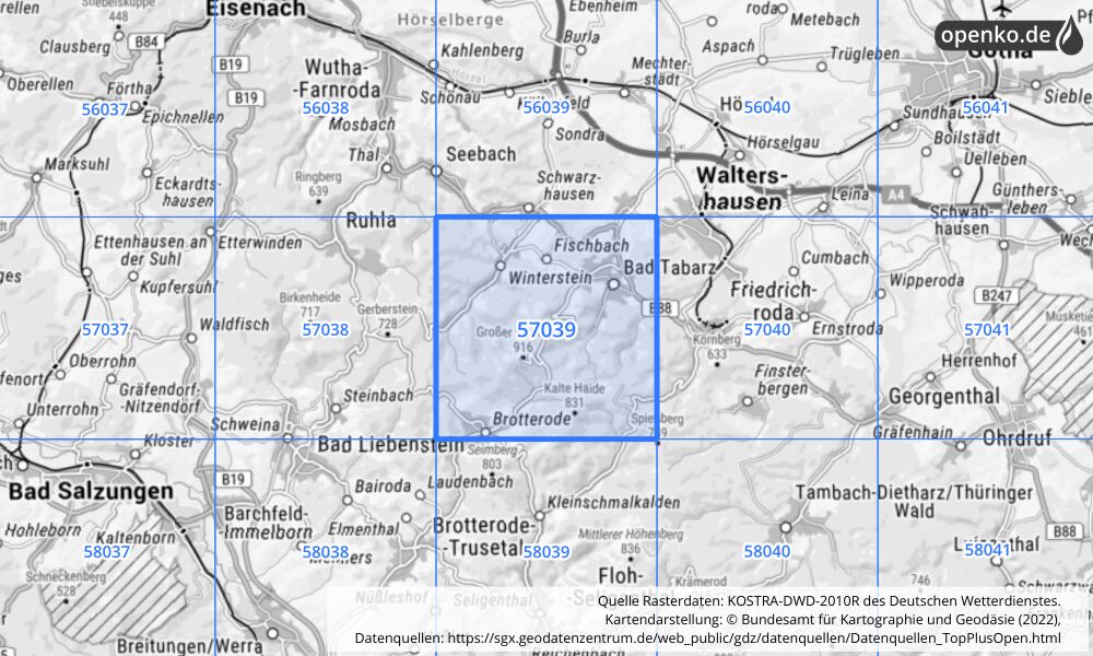 Übersichtskarte KOSTRA-DWD-2010R Rasterfeld Nr. 57039 mit angrenzenden Feldern