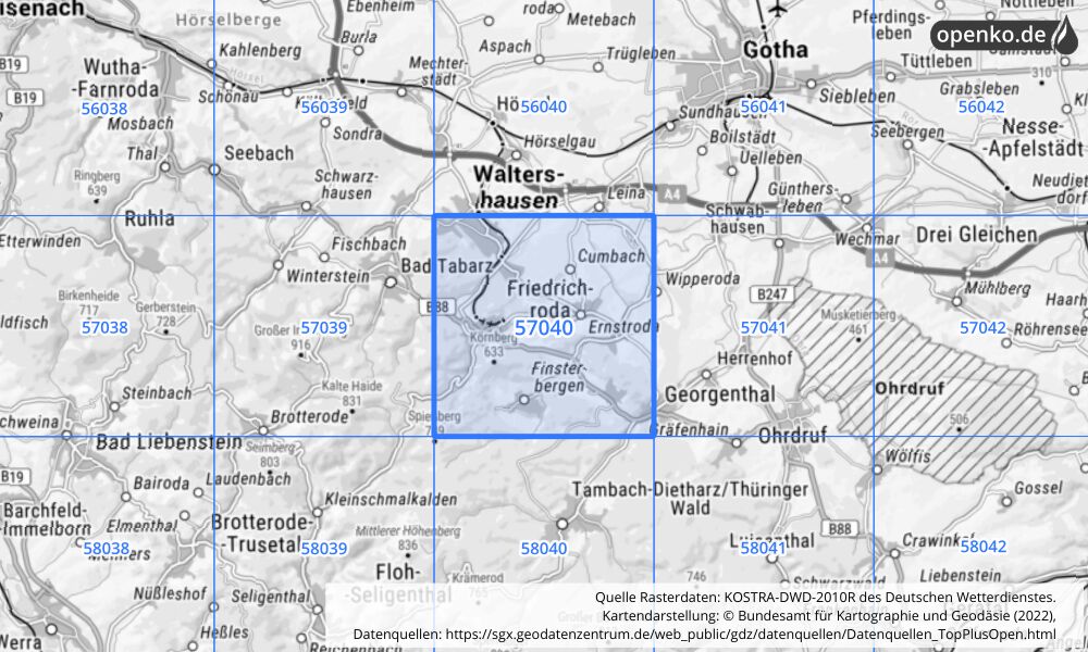 Übersichtskarte KOSTRA-DWD-2010R Rasterfeld Nr. 57040 mit angrenzenden Feldern