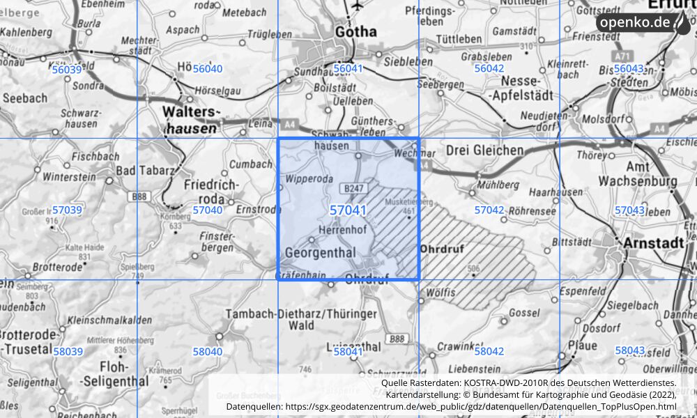 Übersichtskarte KOSTRA-DWD-2010R Rasterfeld Nr. 57041 mit angrenzenden Feldern