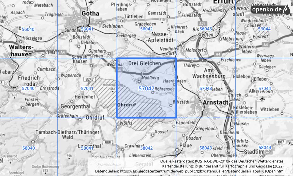 Übersichtskarte KOSTRA-DWD-2010R Rasterfeld Nr. 57042 mit angrenzenden Feldern