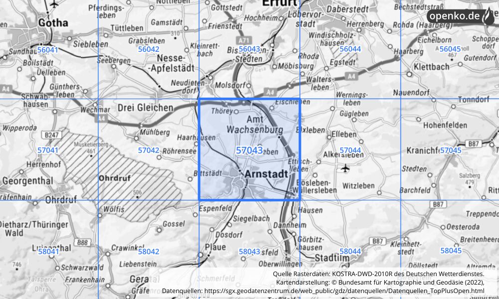 Übersichtskarte KOSTRA-DWD-2010R Rasterfeld Nr. 57043 mit angrenzenden Feldern