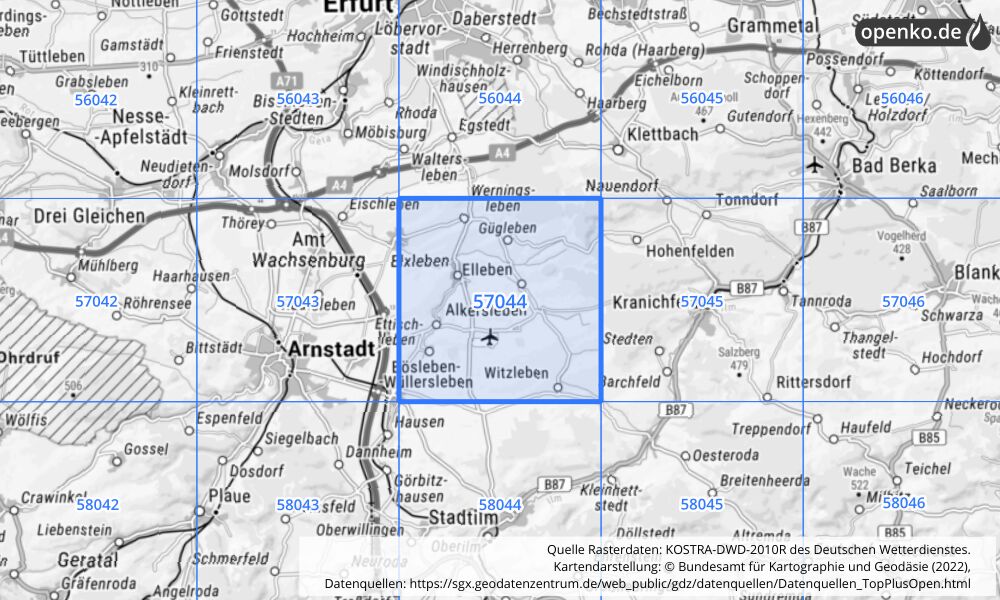 Übersichtskarte KOSTRA-DWD-2010R Rasterfeld Nr. 57044 mit angrenzenden Feldern