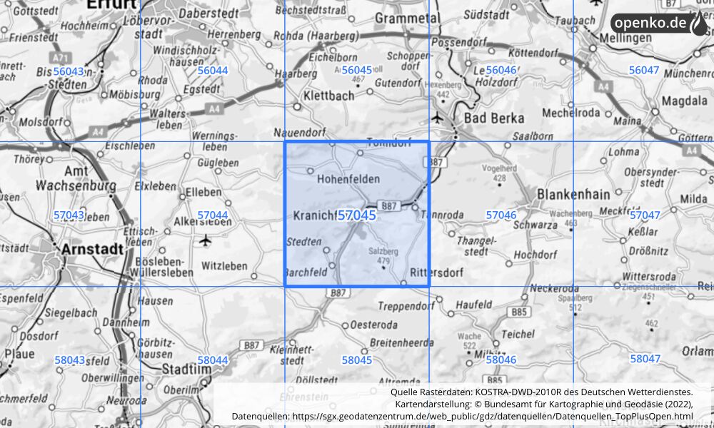 Übersichtskarte KOSTRA-DWD-2010R Rasterfeld Nr. 57045 mit angrenzenden Feldern