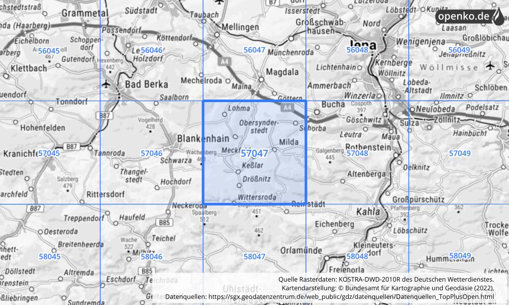 Übersichtskarte KOSTRA-DWD-2010R Rasterfeld Nr. 57047 mit angrenzenden Feldern