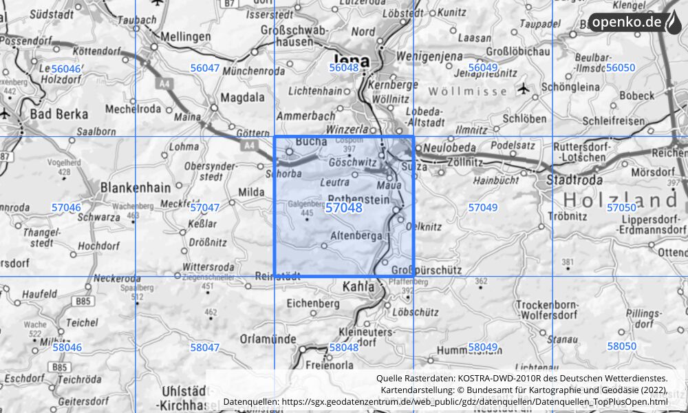 Übersichtskarte KOSTRA-DWD-2010R Rasterfeld Nr. 57048 mit angrenzenden Feldern