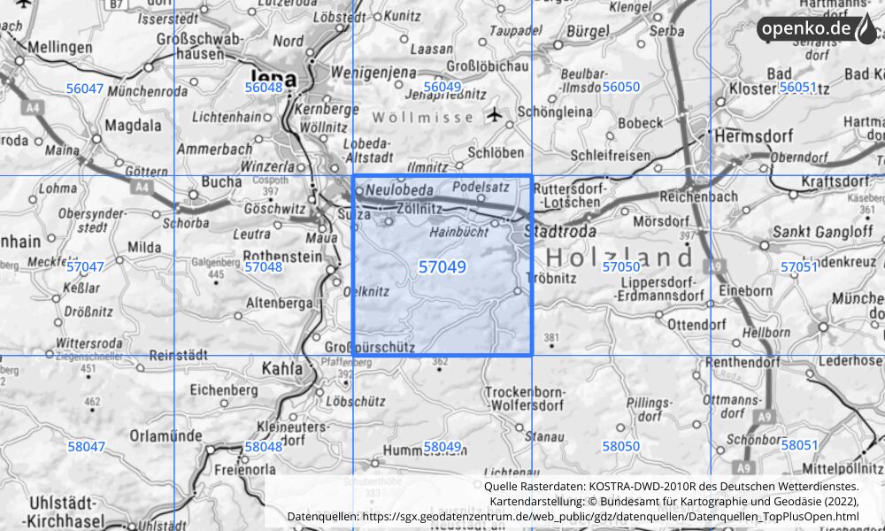 Übersichtskarte KOSTRA-DWD-2010R Rasterfeld Nr. 57049 mit angrenzenden Feldern