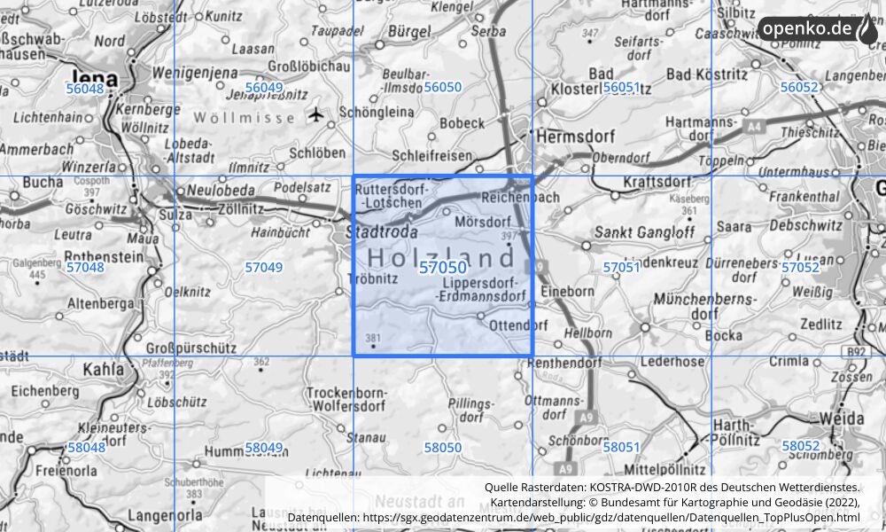 Übersichtskarte KOSTRA-DWD-2010R Rasterfeld Nr. 57050 mit angrenzenden Feldern
