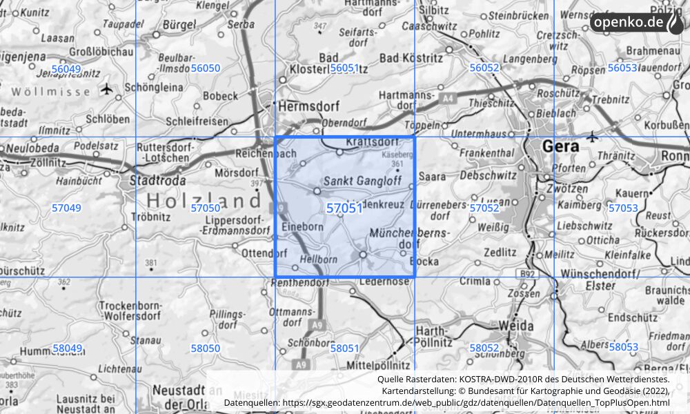 Übersichtskarte KOSTRA-DWD-2010R Rasterfeld Nr. 57051 mit angrenzenden Feldern