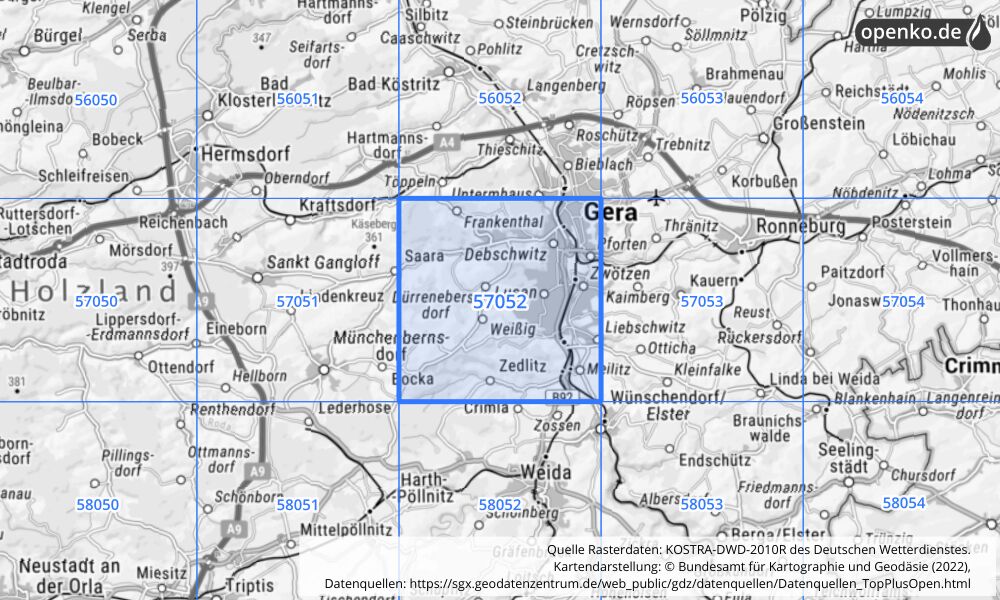 Übersichtskarte KOSTRA-DWD-2010R Rasterfeld Nr. 57052 mit angrenzenden Feldern