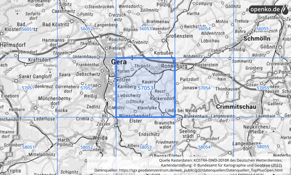 Übersichtskarte KOSTRA-DWD-2010R Rasterfeld Nr. 57053 mit angrenzenden Feldern