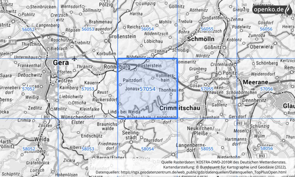 Übersichtskarte KOSTRA-DWD-2010R Rasterfeld Nr. 57054 mit angrenzenden Feldern